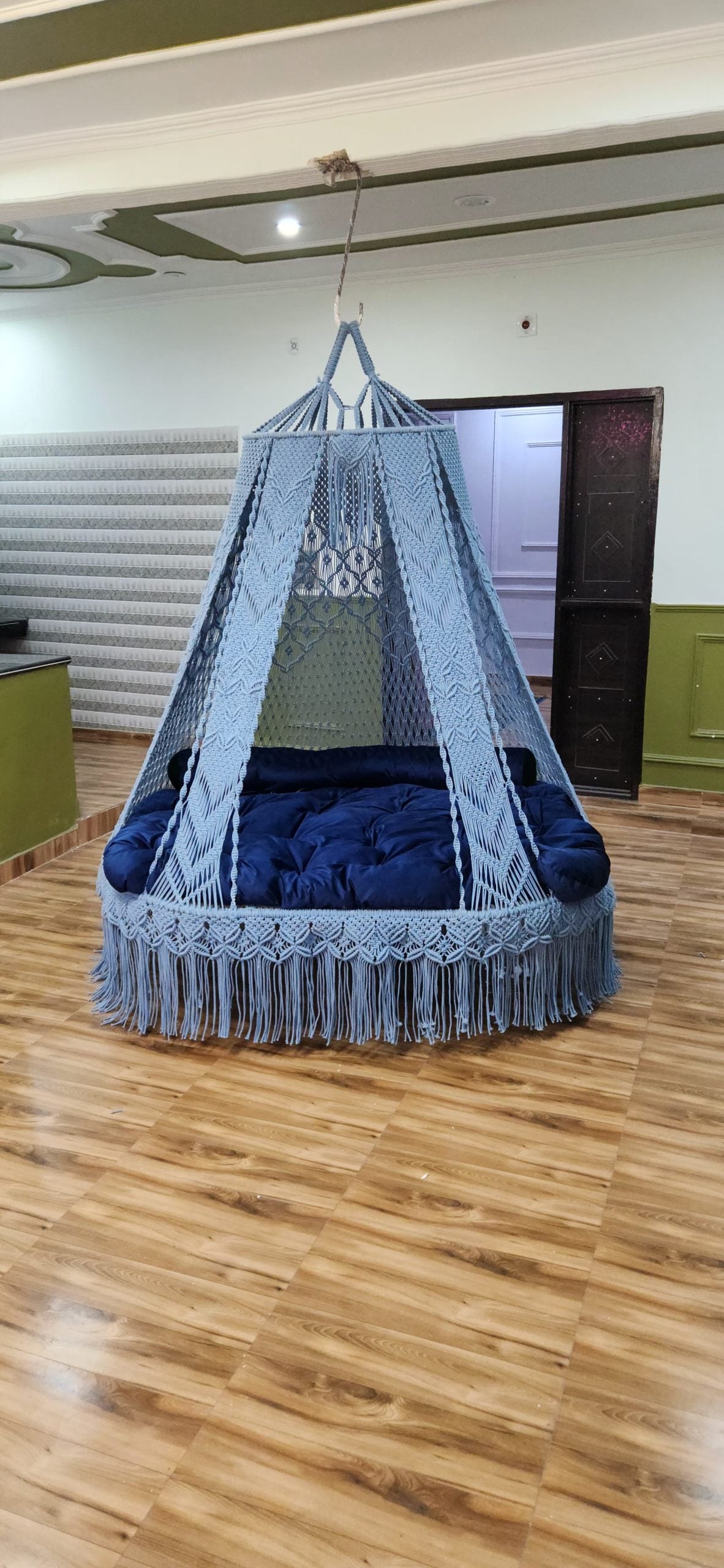 Blue macrame swing bed 1 Blue macrame swing bed