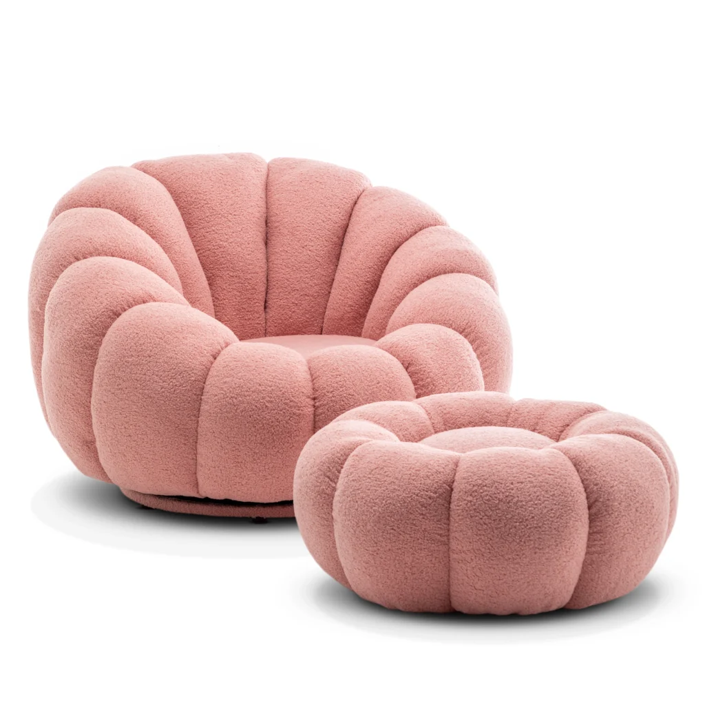 TeddyBoucleFabricPinkMirielle1SeaterSwivelSofawithFootstool 1
