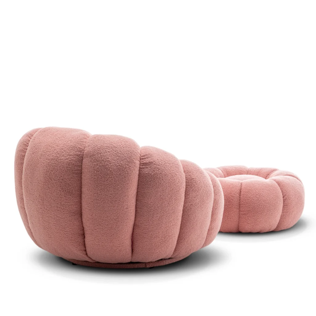 TeddyBoucleFabricPinkMirielle1SeaterSwivelSofawithFootstool 7