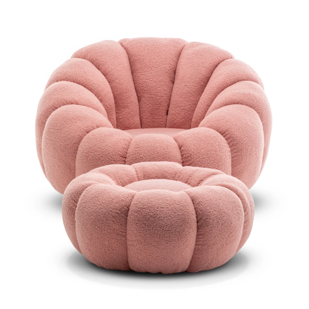 TeddyBoucleFabricPinkMirielle1SeaterSwivelSofawithFootstool 9