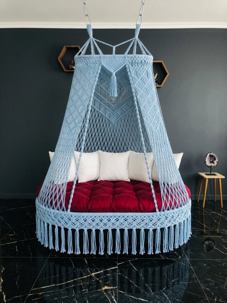 Blue Macrame Bed Swing 2 Macrame Bed Swing